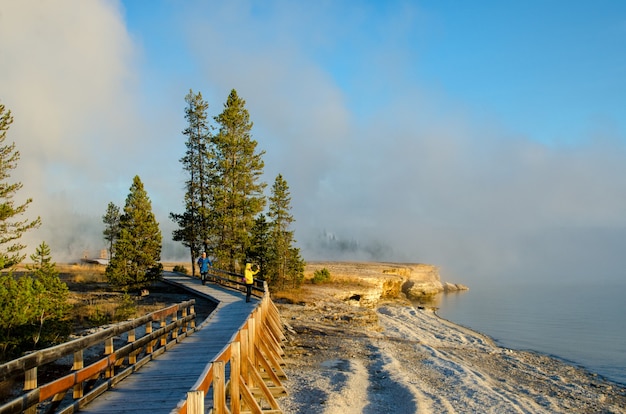 Foto passeio à beira mar ao longo do lago yellowstone no início da manhã