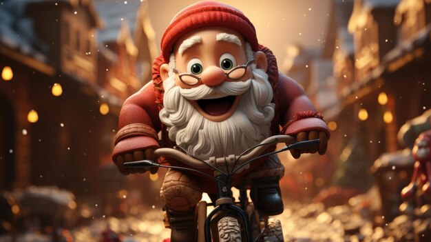 Passeio alegre do Papai Noel em uma bicicleta levando presentes para uma cidade nevada