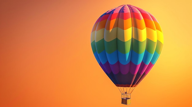 Foto passeio de balão de ar quente ao pôr-do-sol o balão é de cores brilhantes e o céu é de cor laranja escuro