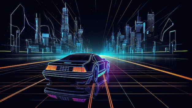 Passeio de carro na estrada de néon no estilo retro synthwave dos anos 80