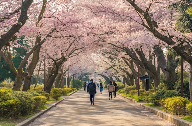 Passeio de primavera sob as árvores de sakura