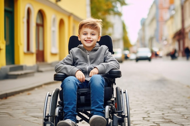 Passeio de rua alegre de criança em cadeira de rodas