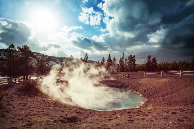 Passeio de tábuas de madeira ao longo de campos de gêiseres no parque nacional de yellowstone, eua