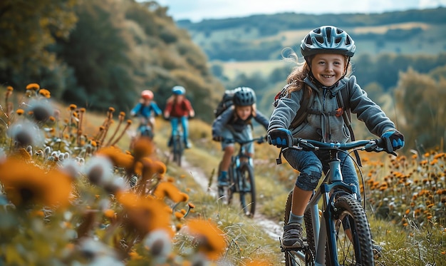 Passeio em bicicleta em família pelo campo exuberante