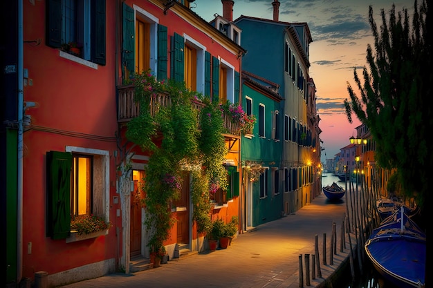 Passeio noturno pelas casas e canais de veneza na rua burano