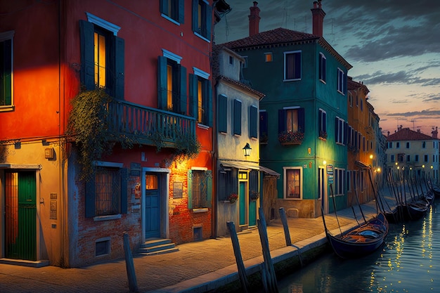 Passeio noturno pelas casas e canais de veneza na rua burano
