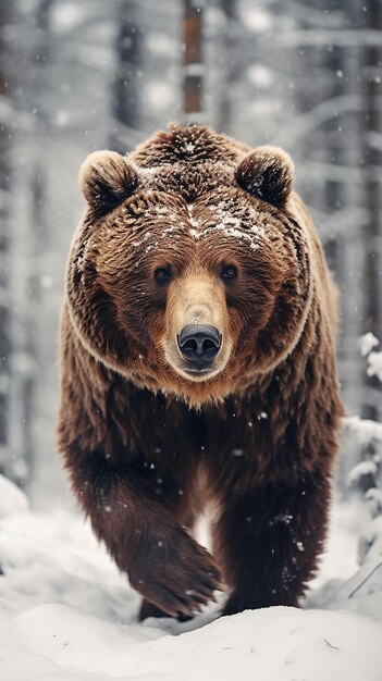 Passeio pela floresta coberta de neve Passeio majestoso do urso urso