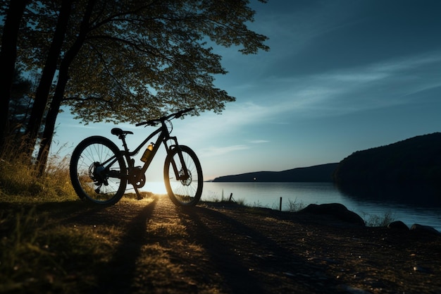 Passeio relaxante de bicicleta sob o céu noturno escuro, uma noite tranquila