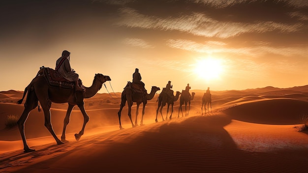 passeios de camelo no deserto do Saara guiados por um berbere com conceito de silhueta de sombras de camelo