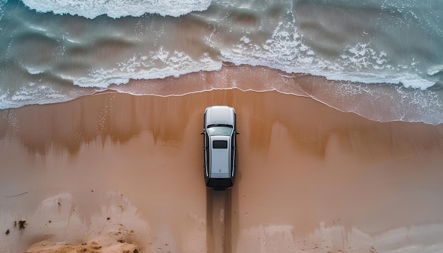 passeios de carro na areia de uma praia de mar vista superior