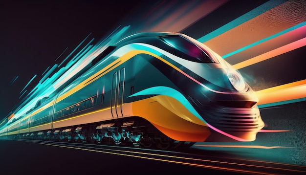 Foto passeios de trem de alta velocidade em luzes de neon longa exposição tecnologia moderna do futuro conceito de transporte logístico