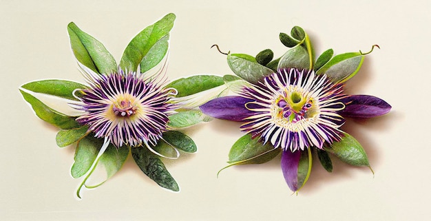 Passionsblume, Passiflora (Begriffsklärung). Botanische Illustration auf weißem Papier.