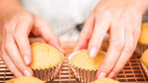 Passo a passo. Decorando cupcakes de baunilha com tema de unicórnio com cobertura de creme de manteiga de arco-íris.