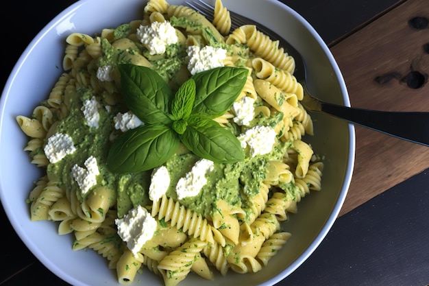 Pasta al pesto con aguacate, queso de cabra y albahaca