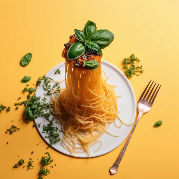 Pasta con albahaca volando sobre el plato bodegón creativo comida italiana