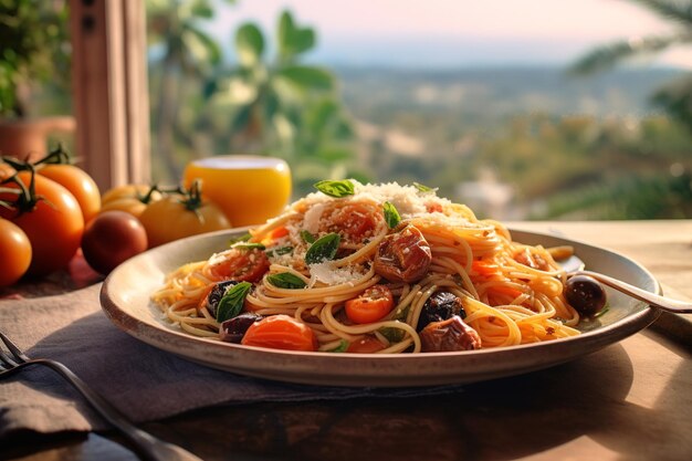 Pasta alla Norma guarnecido com ricota e manjericão fresco com laranjeiras sicilianas delicadamente saindo de