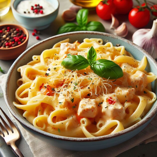 Pasta apetitosa com molho de queijo e manjericão em uma tigela na mesa