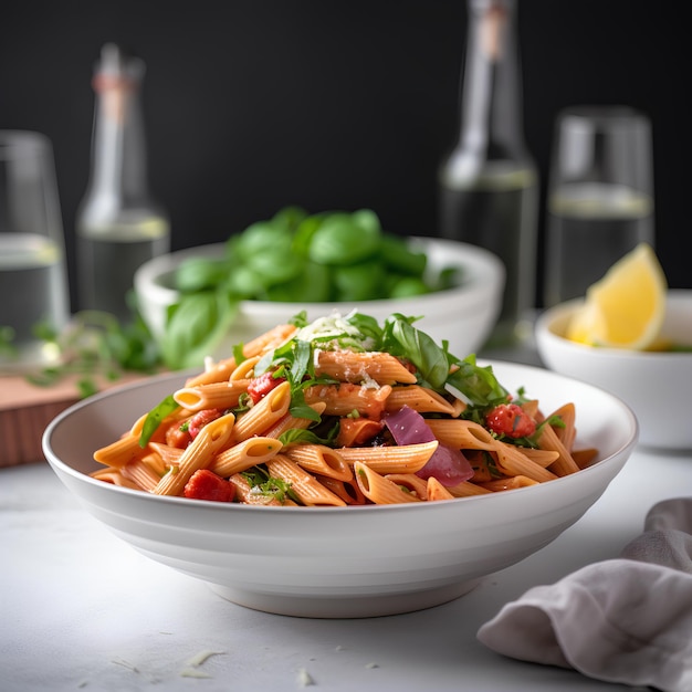 Pasta arrabbiata com molho de tomate em um prato de comida italiana