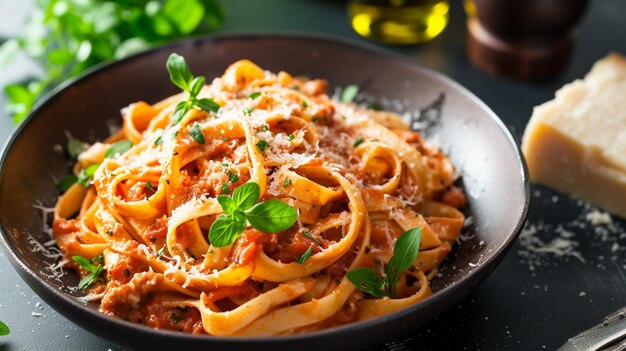 Pasta artesanal girando con una sabrosa salsa casera adornada con hierbas frescas Generativo Ai