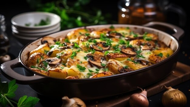 Pasta assada com cogumelos e queijo em uma panela sobre um fundo preto