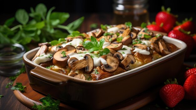 Pasta assada com cogumelos e queijo em uma panela sobre um fundo preto