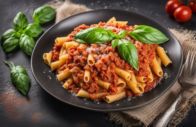 pasta bolognese con albahaca en un plato sobre un fondo oscuro estilo rústico