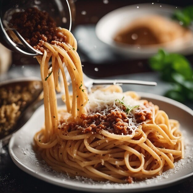 Pasta bolognese italiana gourmet com parmesa fresca gerada por IA