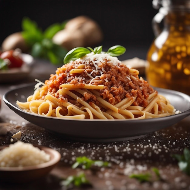 Pasta bolognese italiana gourmet con parmesa fresca generada por la IA