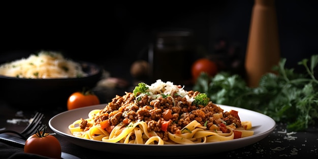 Pasta Bolognese mit Tomatensauce auf einem Teller, italienisches Essen, KI generiert