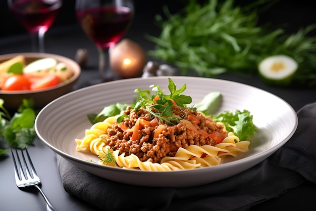 Pasta Bolognese mit Tomatensauce auf einem Teller, italienisches Essen, KI generiert