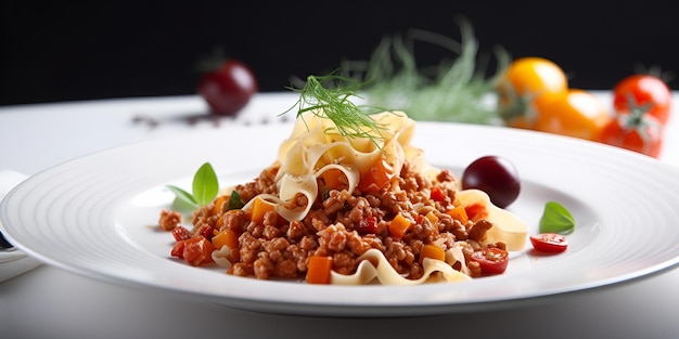 Pasta a la boloñesa con salsa de tomate en un plato comida italiana generada por IA