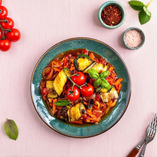 Pasta de calabacín en salsa roja Verduras salteadas Calabacín zanahoria cebolla ajo y tomates