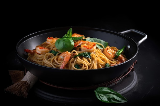 Pasta con camarones y albahaca en wok sobre fondo negro creado con ai generativo
