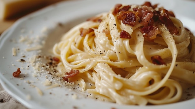 Pasta carbonara cremosa con tocino crujiente y pimienta recién molida