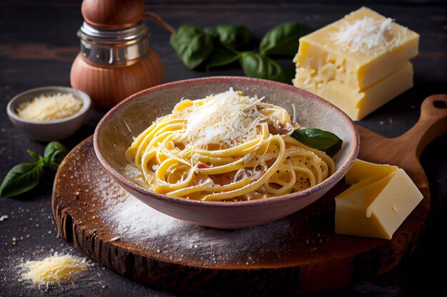 Pasta Carbonara mit Parmesan in einer Schüssel Illustration von Käsenudeln Generative KI