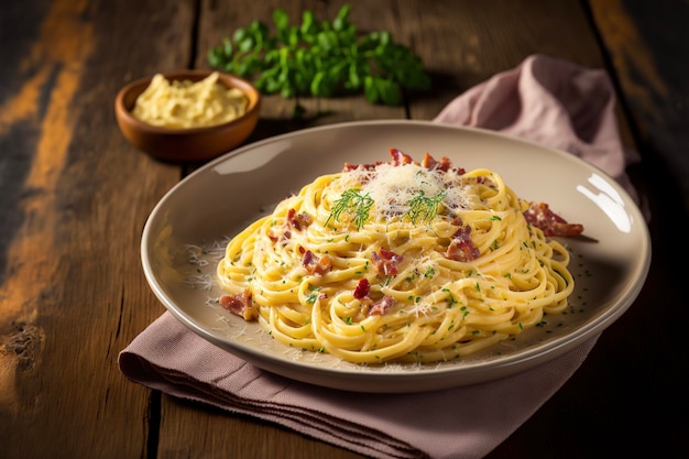 Pasta carbonara servida en plato en restaurante