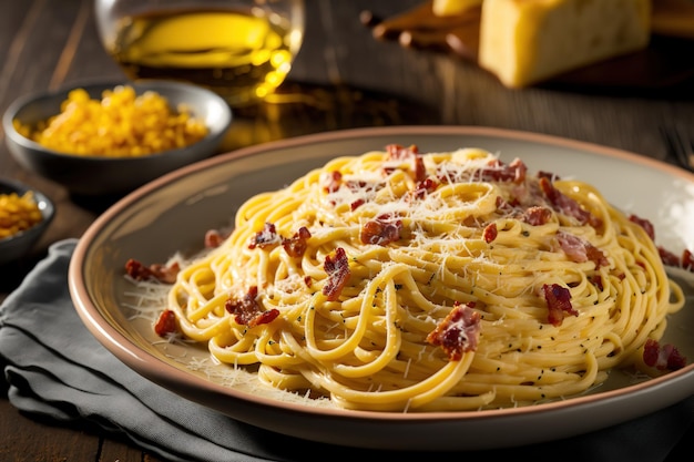 Pasta Carbonara serviert auf dem Teller im Restaurant