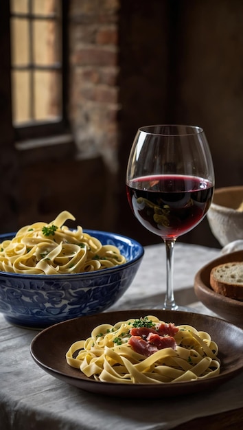 Foto pasta con carne, verduras y vino