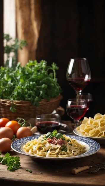 Pasta con carne, verduras y vino