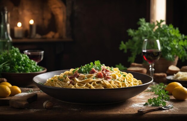 Pasta con carne, verduras y vino