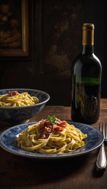 Pasta con carne, verduras y vino