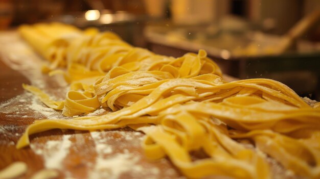 Pasta casera fresca en una superficie de madera salpicada de harina en un ambiente acogedor de la cocina