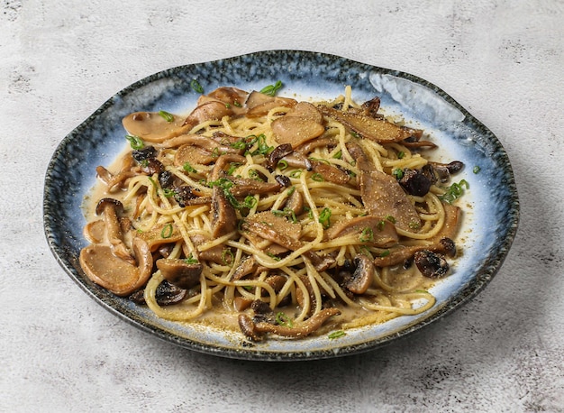 pasta con champiñones silvestres servida en un plato aislado sobre fondo gris vista superior de la comida de Singapur