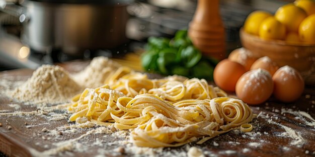 La pasta clásica en el fondo de la cocina, la dieta y el concepto de la comida