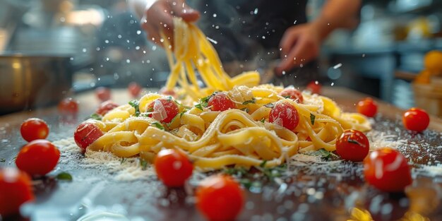 La pasta clásica en el fondo de la cocina, la dieta y el concepto de la comida