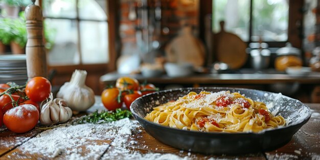 Foto la pasta clásica en el fondo de la cocina, la dieta y el concepto de la comida