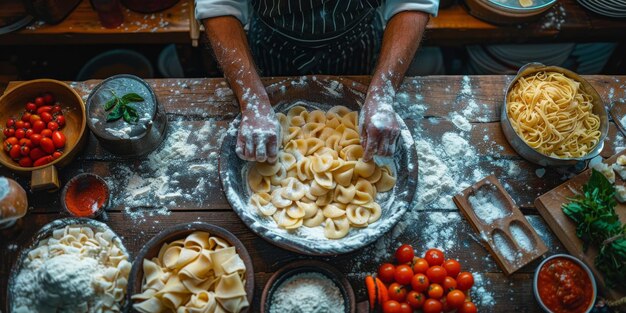 La pasta clásica en el fondo de la cocina, la dieta y el concepto de la comida