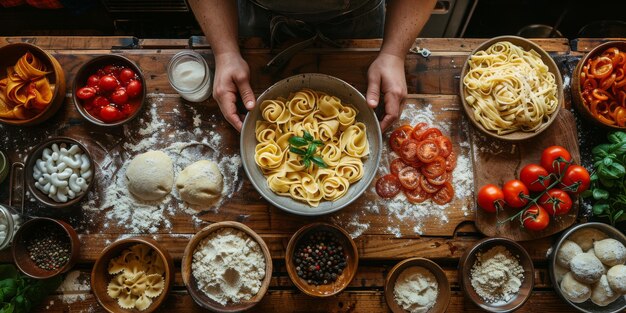 La pasta clásica en el fondo de la cocina, la dieta y el concepto de la comida