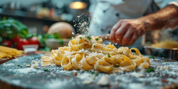 La pasta clásica en el fondo de la cocina, la dieta y el concepto de la comida