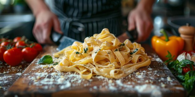 La pasta clásica en el fondo de la cocina, la dieta y el concepto de la comida